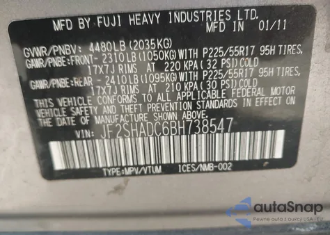 2011 Subaru Forester 2.5X Premium z USA, uszkodzony, nr VIN JF2SHADC6BH738547